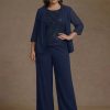 3 Pieces Suit Chiffon Plus Size Mother of the Bride Pantsuits with Jacket Scoop 3/4 Sleeves Ankle Length Lace Sequins Mondressy