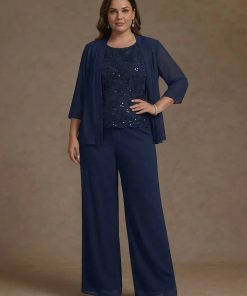 3 Pieces Suit Chiffon Plus Size Mother of the Bride Pantsuits with Jacket Scoop 3/4 Sleeves Ankle Length Lace Sequins Mondressy
