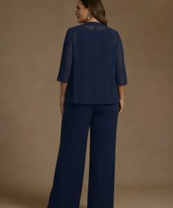 3 Pieces Suit Chiffon Plus Size Mother of the Bride Pantsuits with Jacket Scoop 3/4 Sleeves Ankle Length Lace Sequins Mondressy