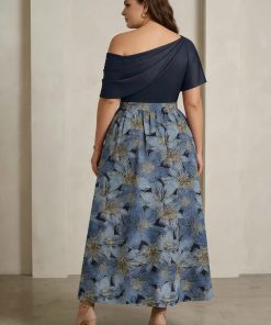 A-Line/Princess One-Shoulder Satin Plus Size Mother of the Bride Dresses Floral Short Sleeves Ankle Length Mondressy