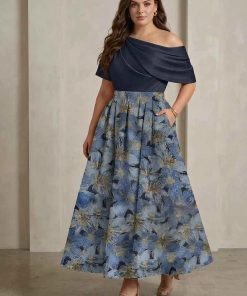 A-Line/Princess One-Shoulder Satin Plus Size Mother of the Bride Dresses Floral Short Sleeves Ankle Length Mondressy