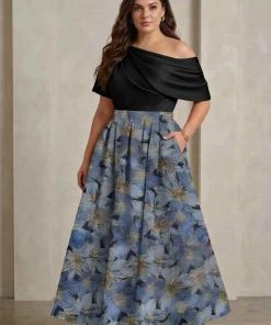 A-Line/Princess One-Shoulder Satin Plus Size Mother of the Bride Dresses Floral Short Sleeves Ankle Length Mondressy