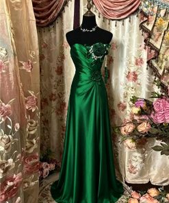 A-Line/Princess Strapless Taffeta Prom Dresses Vintage 80s Iridescent Dress Sleeveless Floor-Length 3D Flower Mondressy