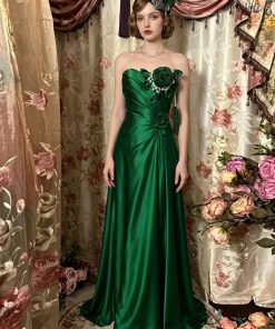A-Line/Princess Strapless Taffeta Prom Dresses Vintage 80s Iridescent Dress Sleeveless Floor-Length 3D Flower Mondressy